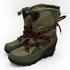 Sorel Women's 6 Kinetic Wedge Winter Snow Boots Green Camo Lace Up Waterproof